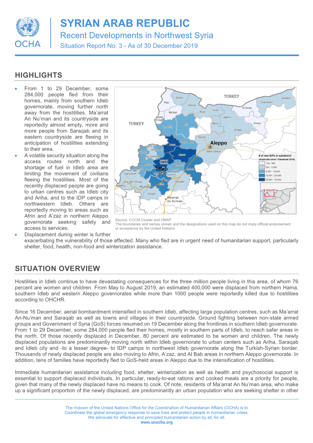 SYRIAN ARAB REPUBLIC Recent Developments in Northwest Syria Situation Report No