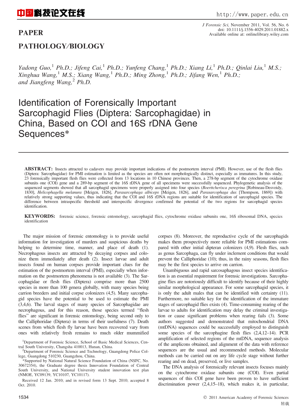 (Diptera: Sarcophagidae) in China, Based on COI and 16S Rdna Gene Sequences*