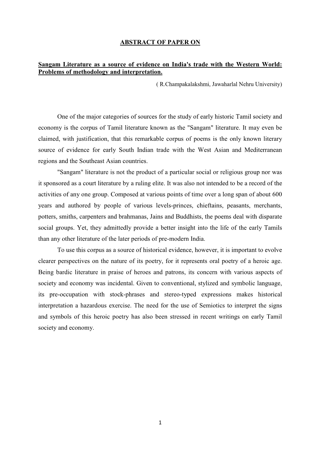 ABSTRACT of PAPER on Sangam Literature As a Source of Evidence