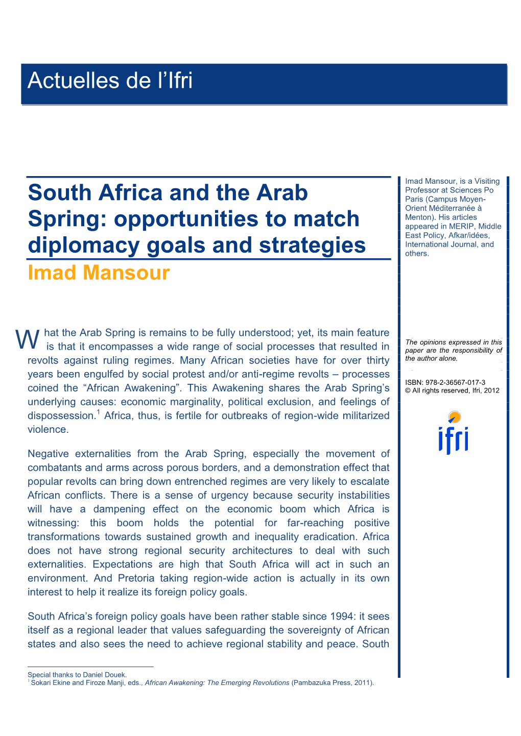 South Africa and the Arab Spring: Opportunities to Match Diplomacy