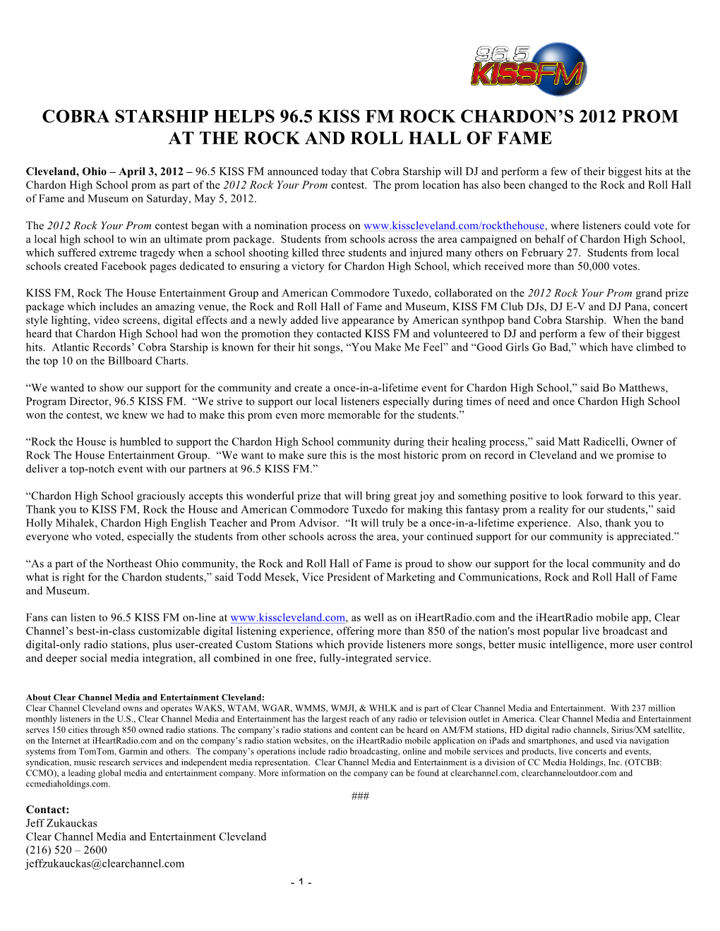 Cobra Starship Helps 96.5 Kiss Fm Rock Chardon's 2012 Prom at the Rock