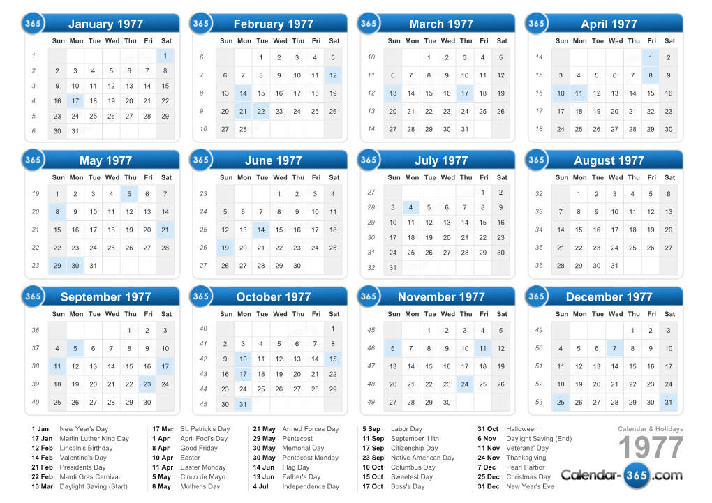 Calendar 1977 & Holidays 1977