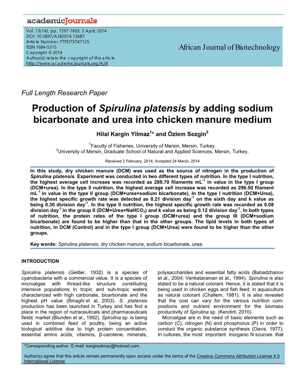 Production of Spirulina Platensis by Adding Sodium Bicarbonate and Urea Into Chicken Manure Medium