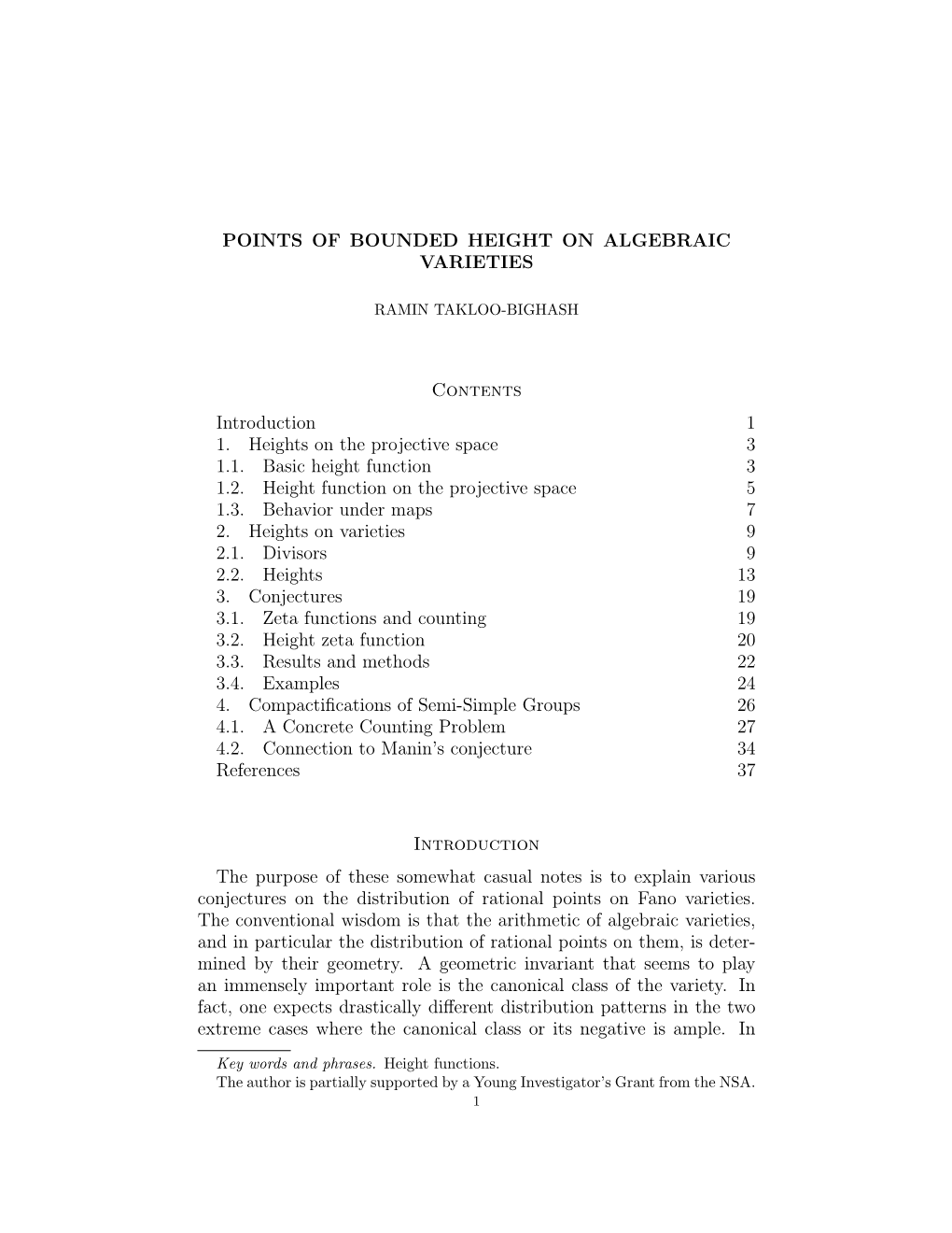 POINTS of BOUNDED HEIGHT on ALGEBRAIC VARIETIES Contents