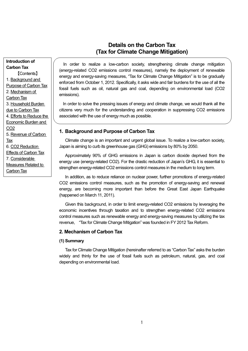 Details on the Carbon Tax (Tax for Climate Change Mitigation)