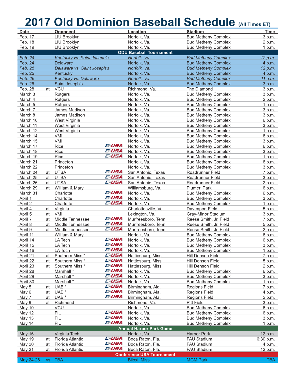 2017 Old Dominion Baseball Schedule (All Times ET) Date Opponent Location Stadium Time Feb