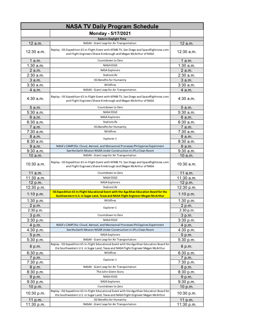 NASA TV Daily Program Schedule Monday - 5/17/2021 Eastern Daylight Time 12 A.M