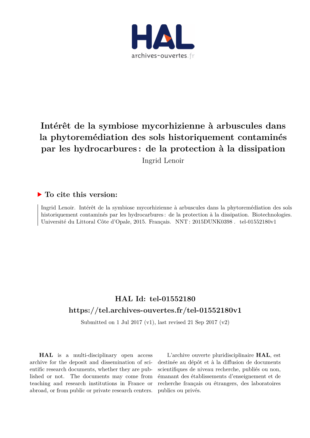 Intérêt De La Symbiose Mycorhizienne À Arbuscules Dans La Phytoremédiation Des Sols Historiquement Contaminés Par Les Hydro