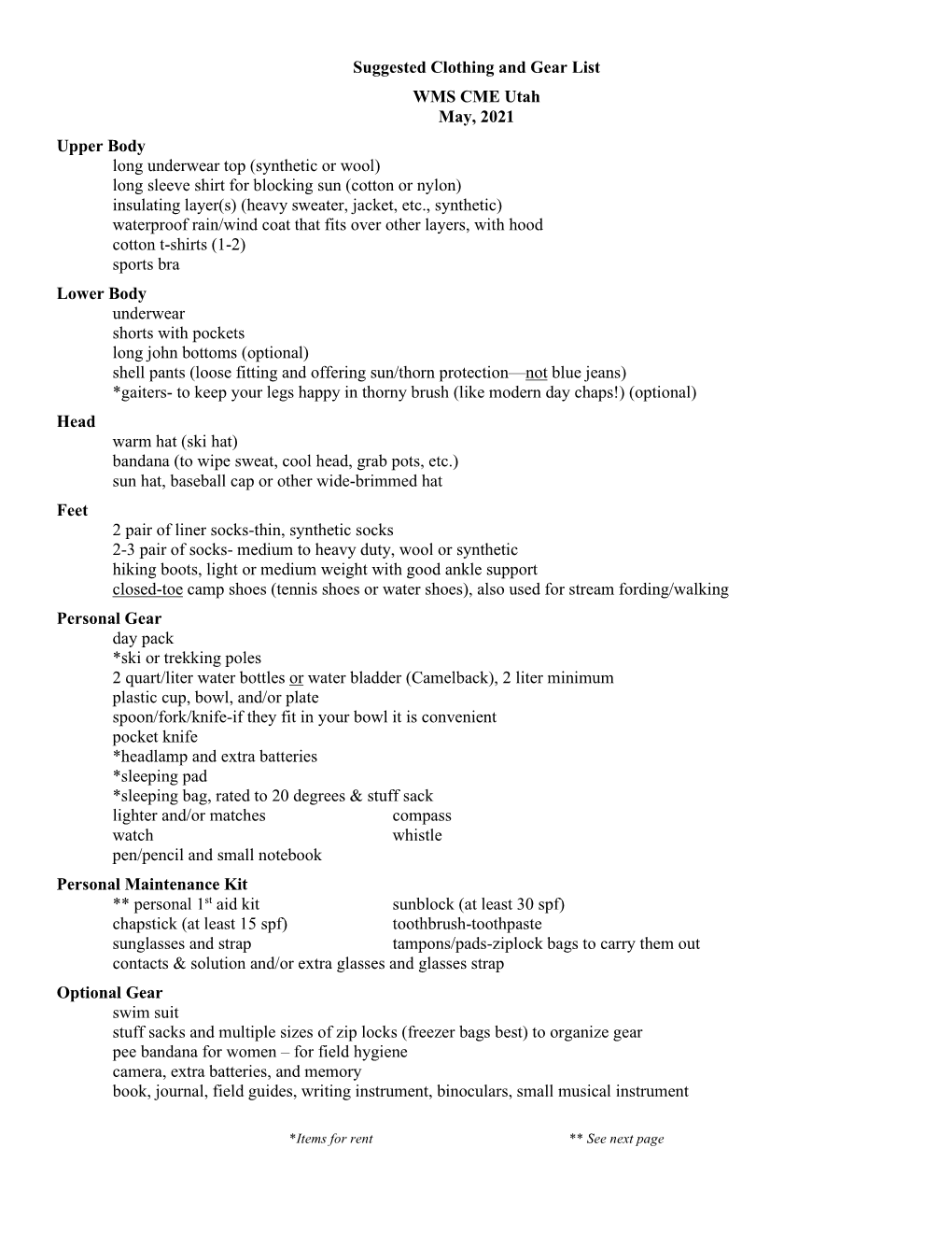 Suggested Clothing and Gear List WMS CME Utah May, 2021 Upper