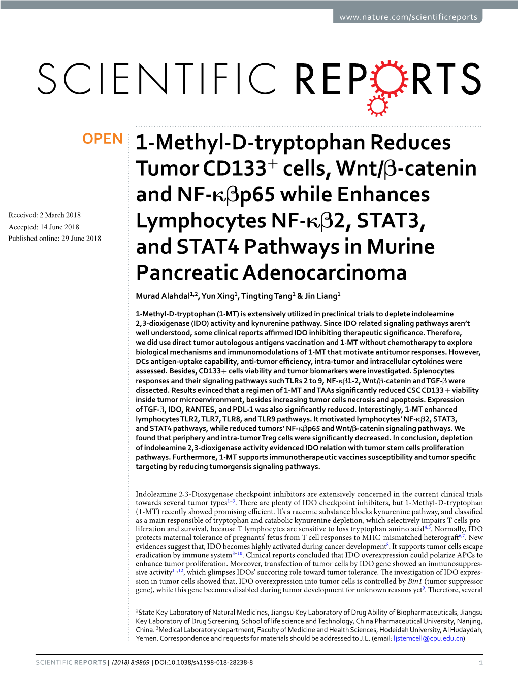 1-Methyl-D-Tryptophan Reduces Tumor CD133+ Cells, Wnt/Β-Catenin