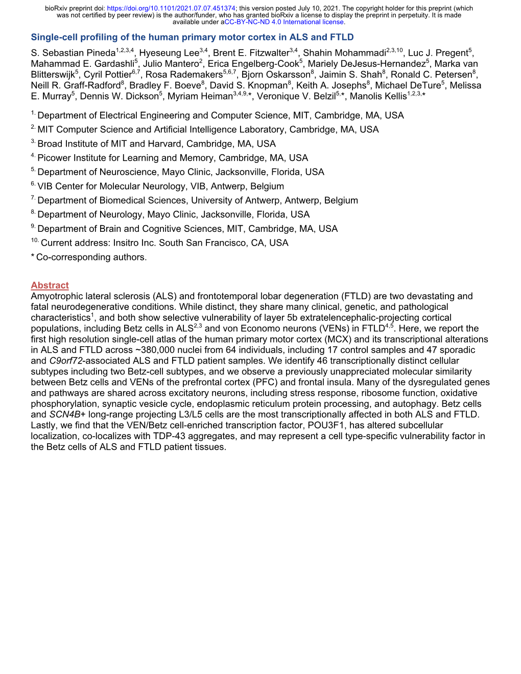 Single-Cell Profiling of the Human Primary Motor Cortex in ALS and FTLD S