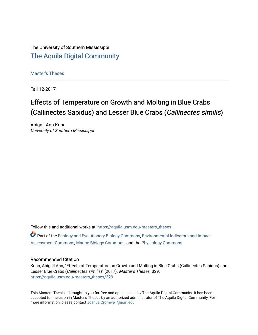 Effects of Temperature on Growth and Molting in Blue Crabs (Callinectes Sapidus) and Lesser Blue Crabs (<I>Callinectes