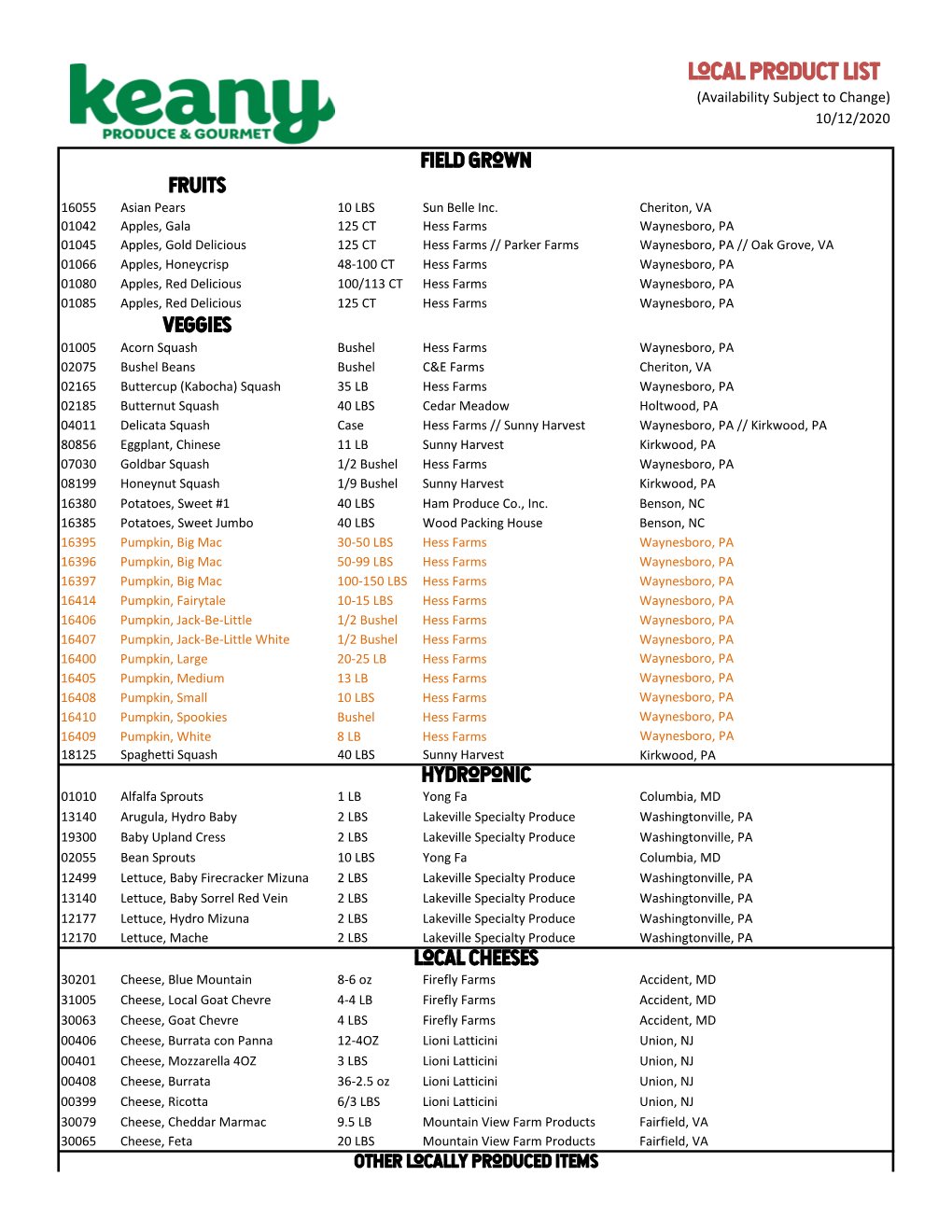 Local Product List (Availability Subject to Change) 10/12/2020