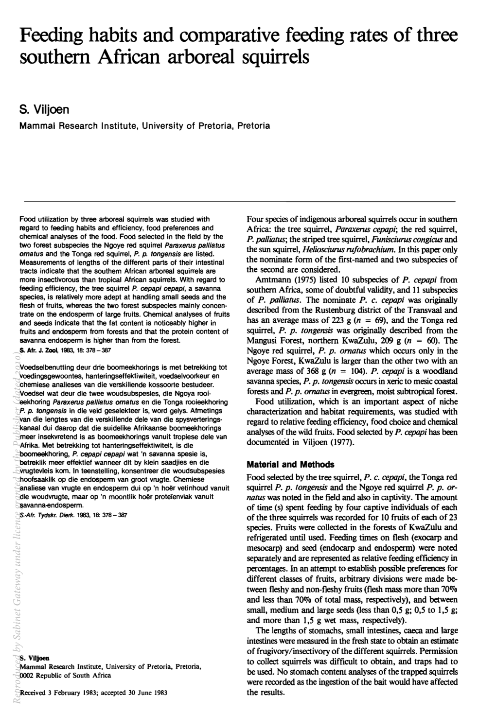 Feeding Habits and Comparative Feeding Rates of Three Southern African Arboreal Squirrels S