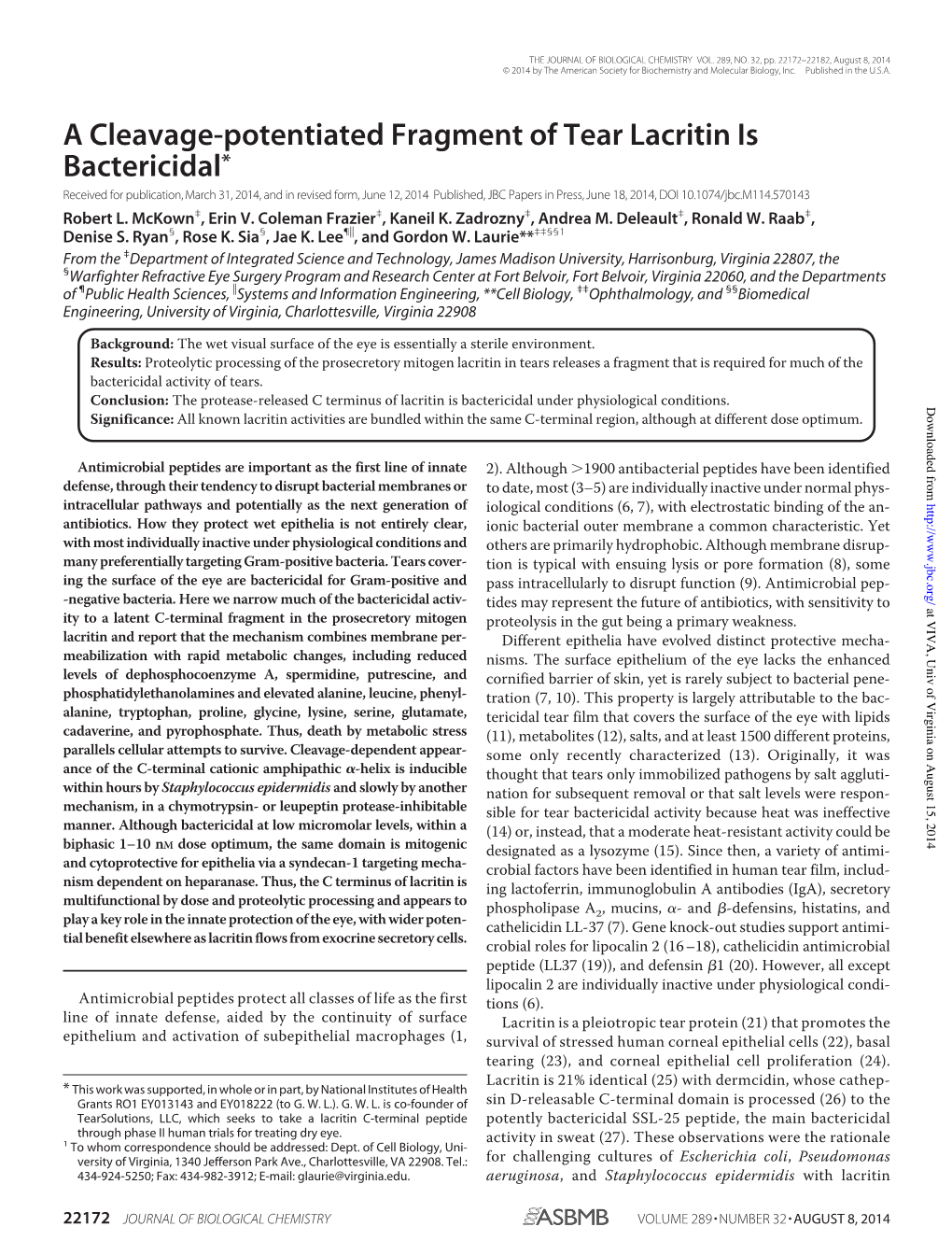 A Cleavage-Potentiated Fragment of Tear Lacritin Is Bactericidal*