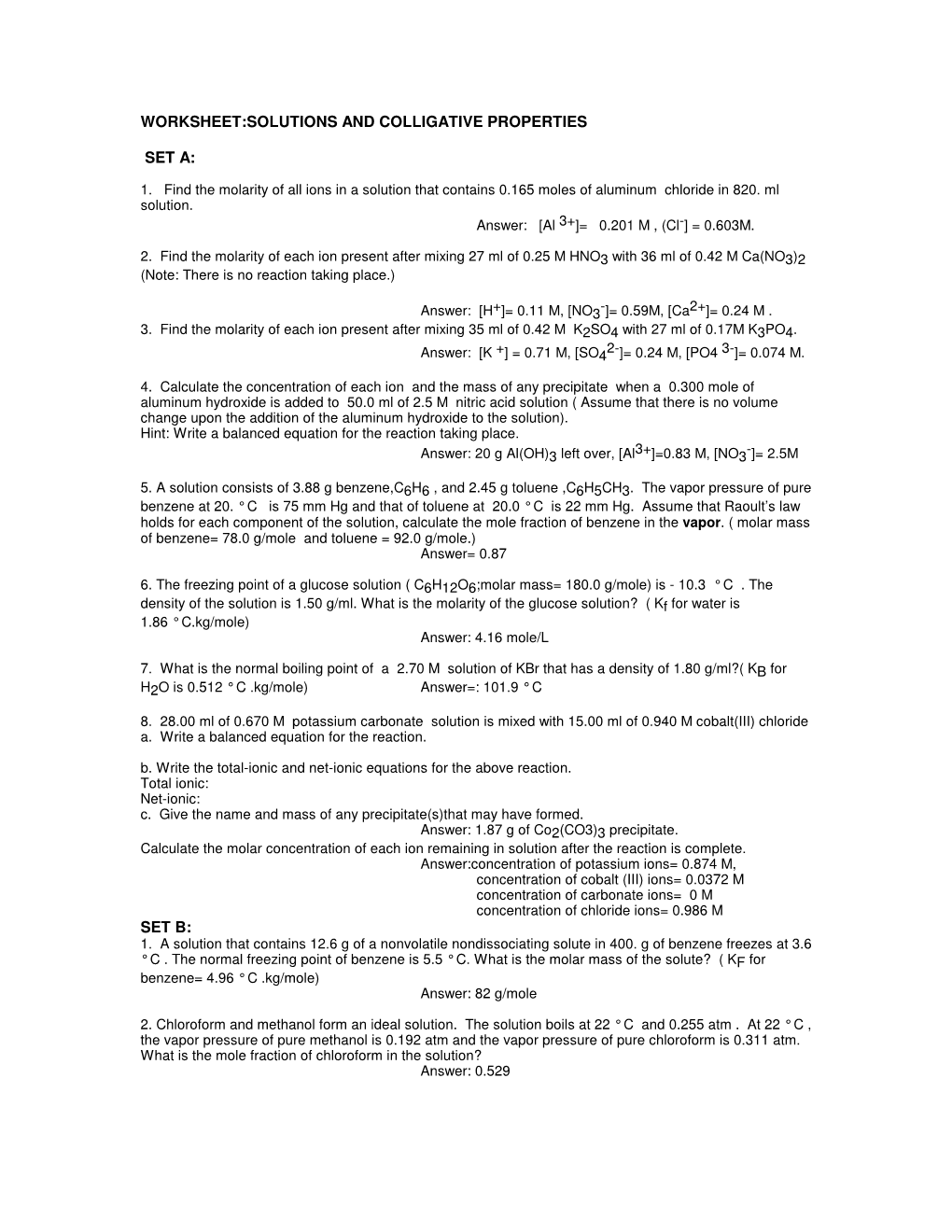 Worksheet:Solutions and Colligative Properties Set A