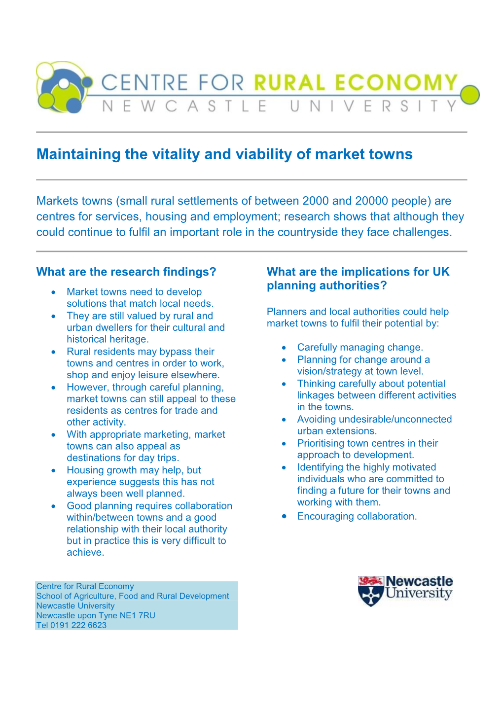 Maintaining the Vitality and Viability of Market Towns