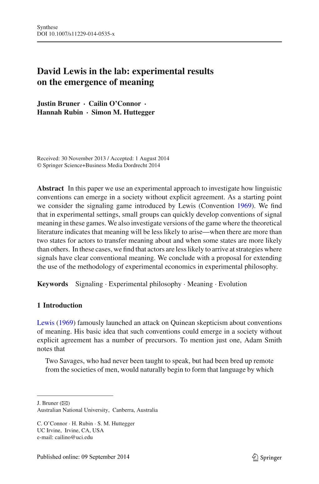 David Lewis in the Lab: Experimental Results on the Emergence of Meaning