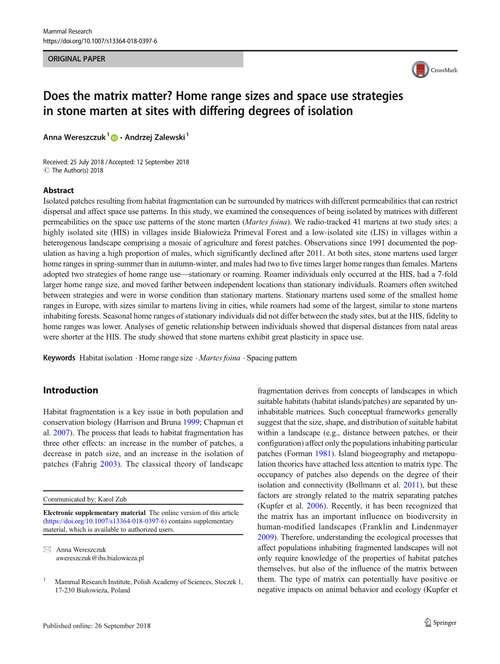 Home Range Sizes and Space Use Strategies in Stone Marten at Sites with Differing Degrees of Isolation