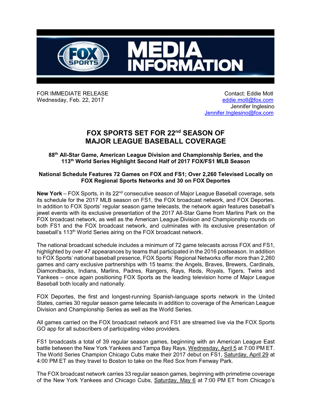 FOX SPORTS SET for 22Nd SEASON of MAJOR LEAGUE BASEBALL COVERAGE