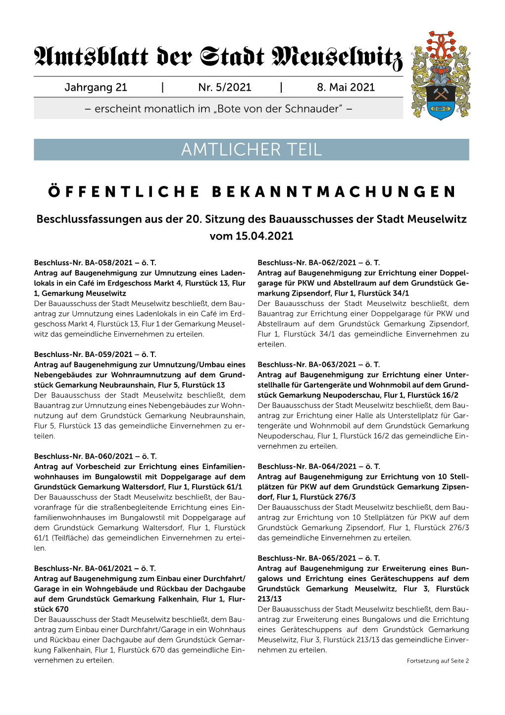 Amtsblatt Der Stadt Meuselwitz Jahrgang 21 | Nr