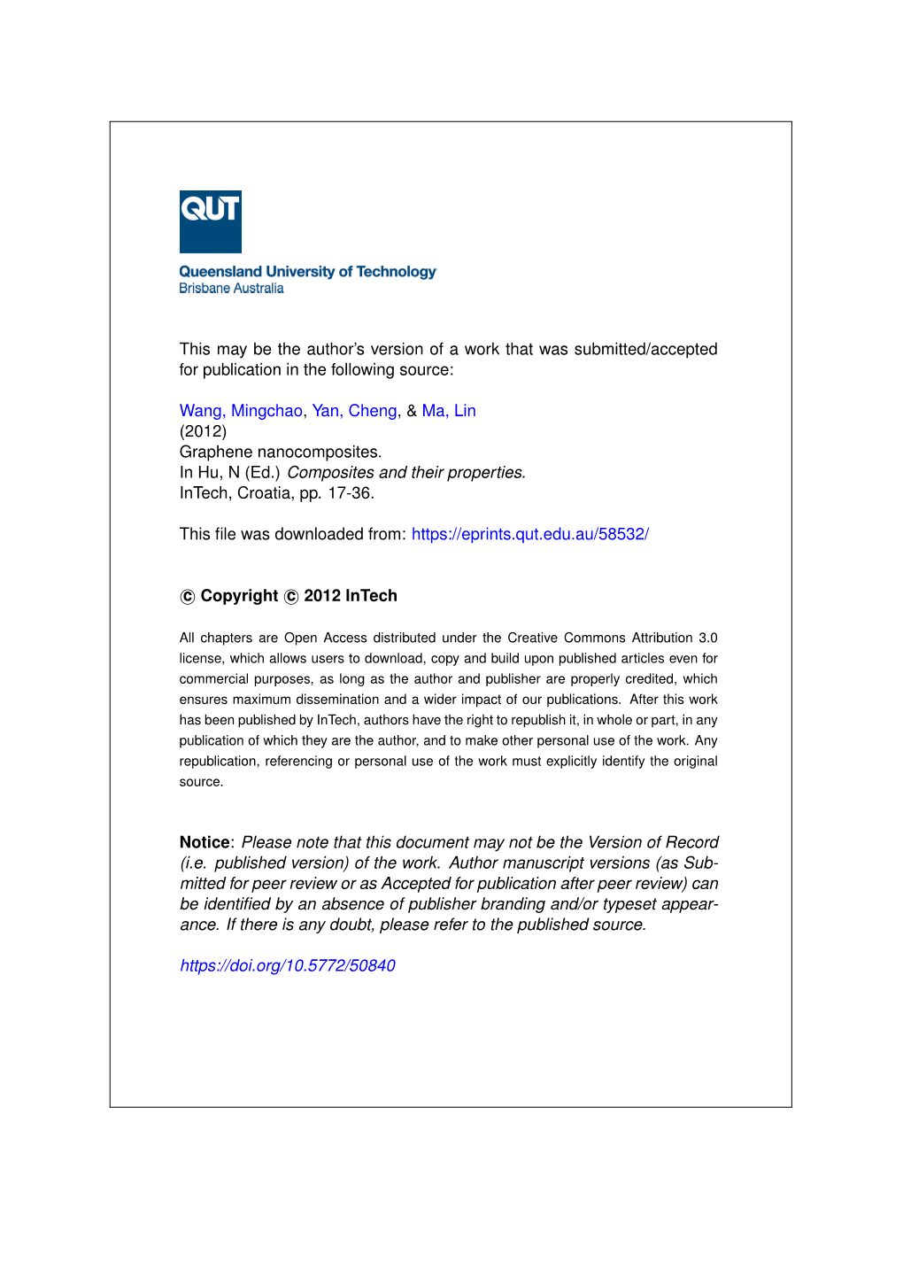 Wang, Mingchao, Yan, Cheng,& Ma, Lin (2012) Graphene Nanocomposites