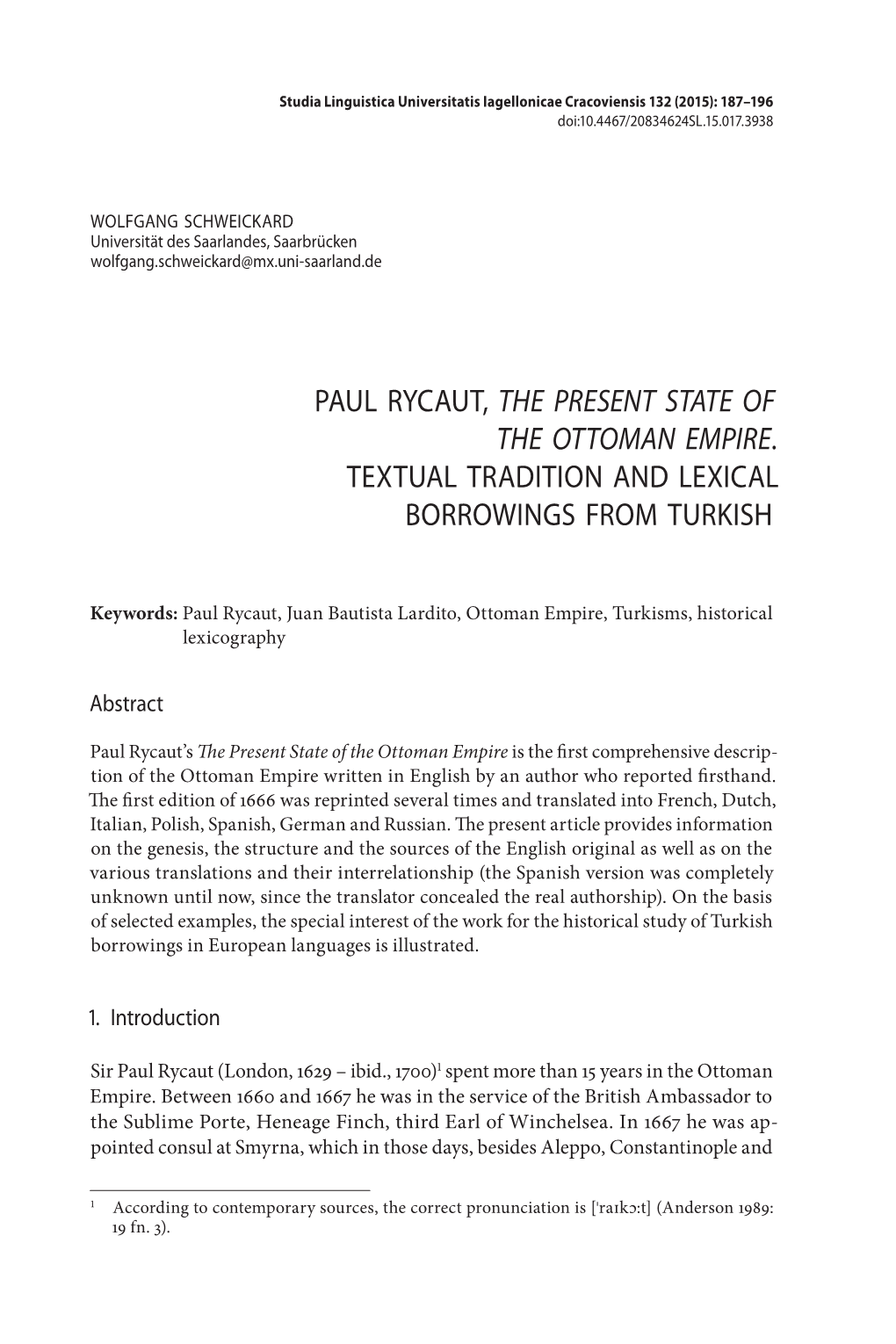 Paul Rycaut, the Present State of the Ottoman Empire. Textual Tradition and Lexical Borrowings from Turkish