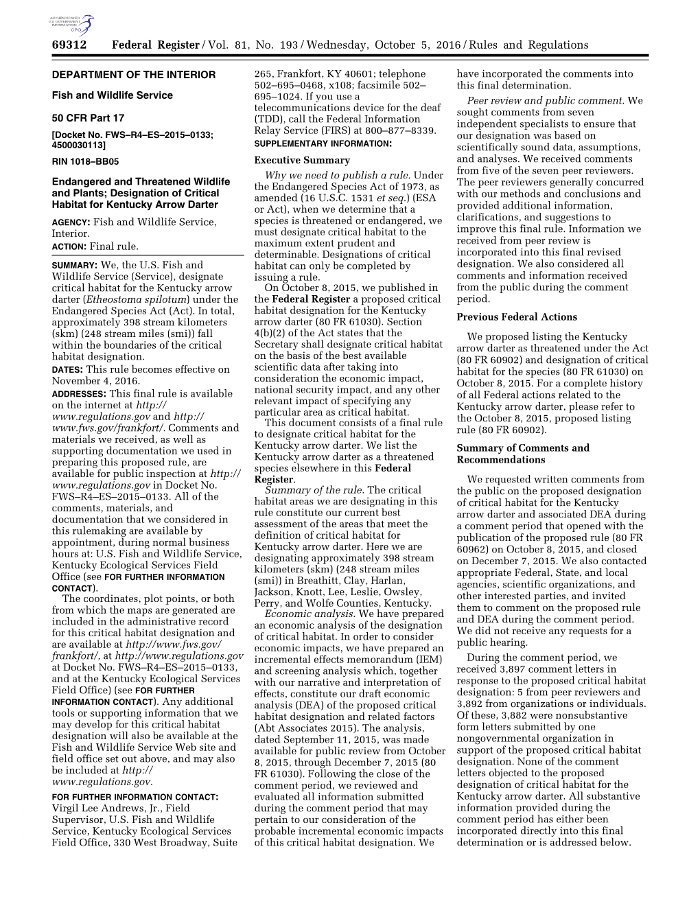 Federal Register/Vol. 81, No. 193/Wednesday, October 5, 2016