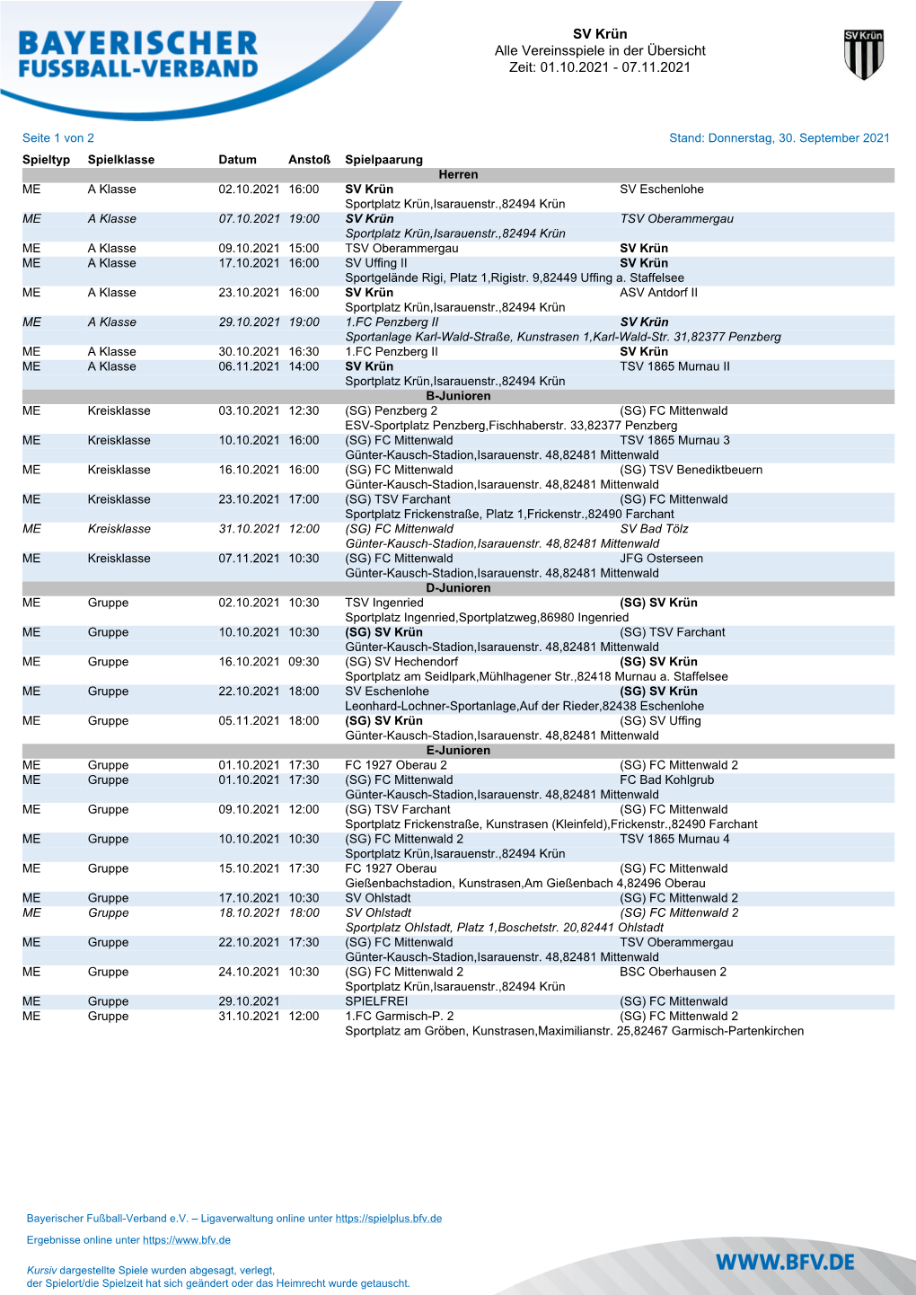 SV Krün Alle Vereinsspiele in Der Übersicht Zeit: 29.07.2021