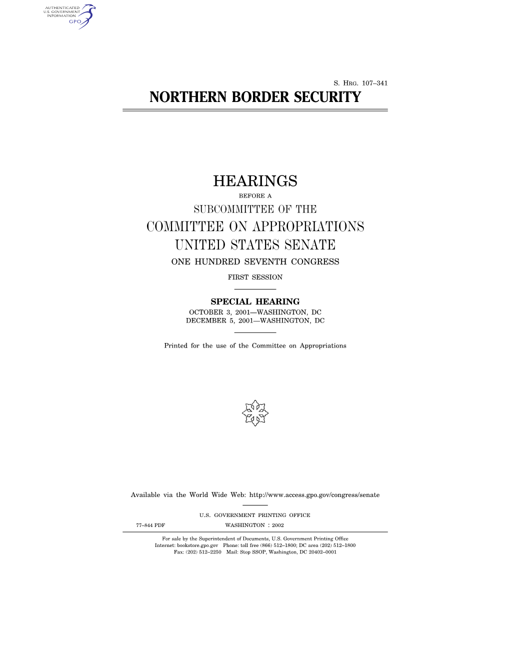 Northern Border Security Hearings Committee on Appropriations United States Senate