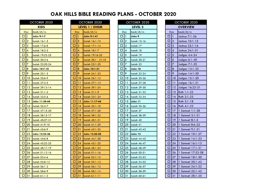Oak Hills Bible Reading Plans - October 2020