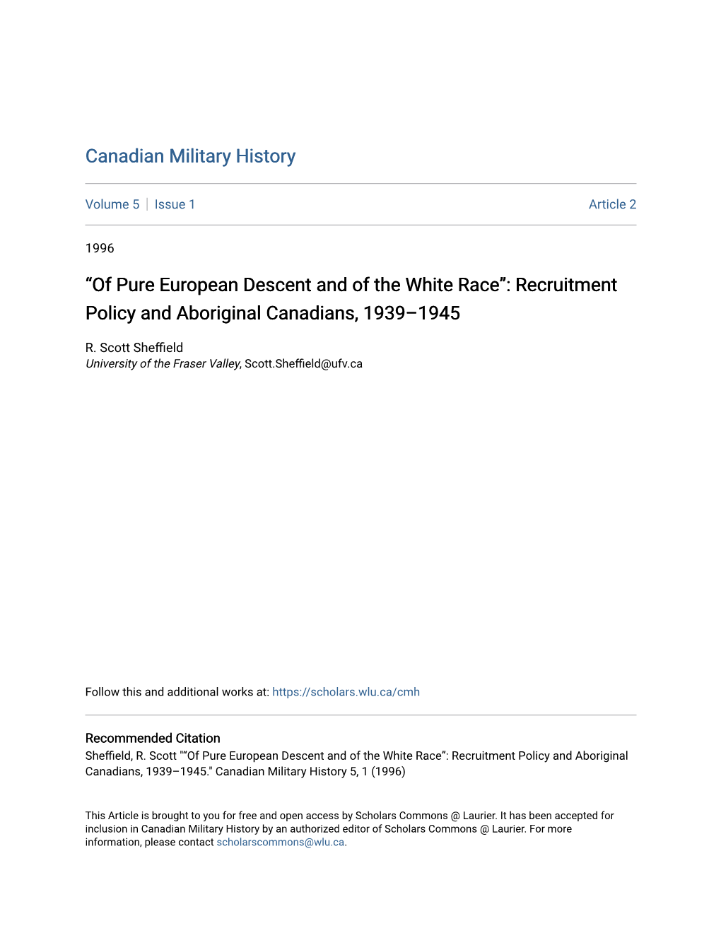 Of Pure European Descent and of the White Race”: Recruitment Policy and Aboriginal Canadians, 1939–1945