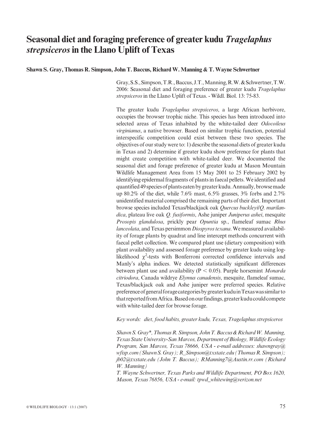 Seasonal Diet and Foraging Preference of Greater Kudu Tragelaphus Strepsiceros in the Llano Uplift of Texas