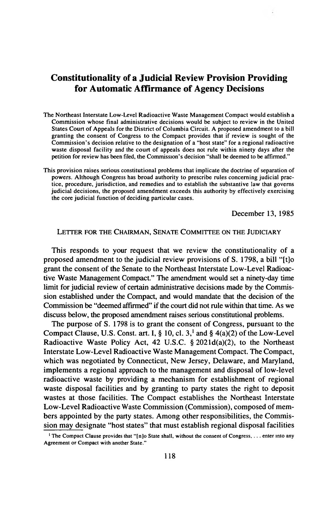 Constitutionality of a Judicial Review Provision Providing for Automatic Affirmance of Agency Decisions