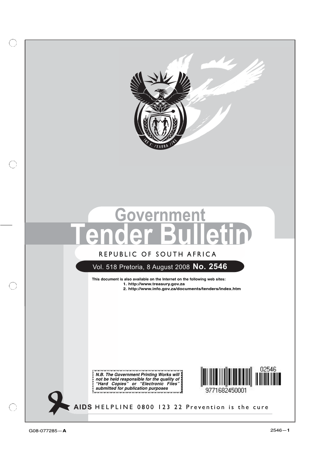 Tender Bulletin: 8 August 2008