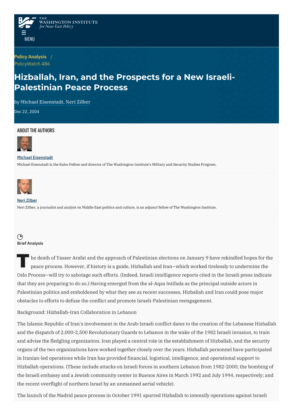 Hizballah, Iran, and the Prospects for a New Israeli-Palestinian Peace