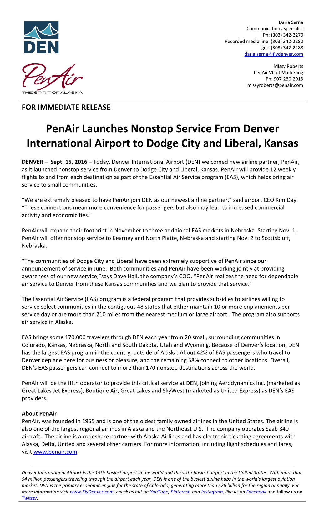 Penair Launches Nonstop Service from Denver International Airport to Dodge City and Liberal, Kansas