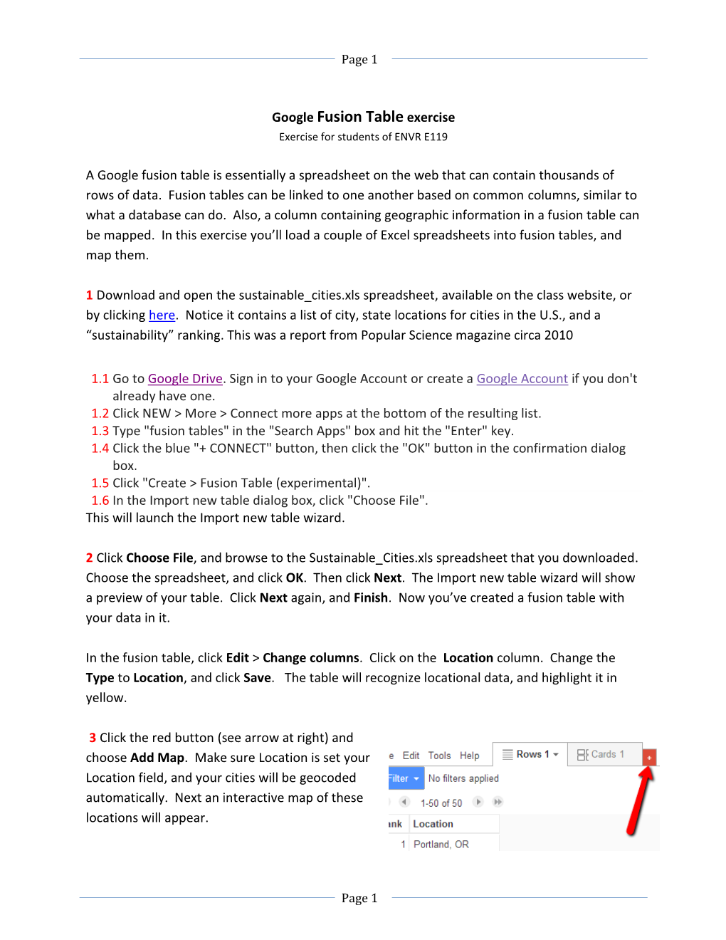 Google Fusion Table Exercise Exercise for Students of ENVR E119