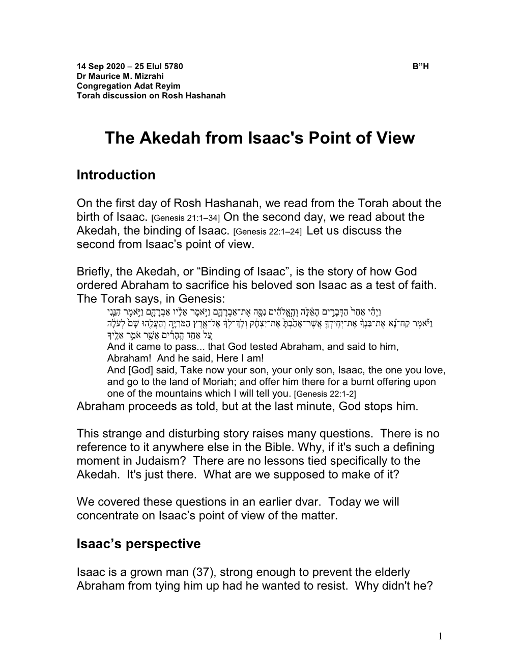 The Akedah from Isaac's Point of View (Rosh Hashanah)