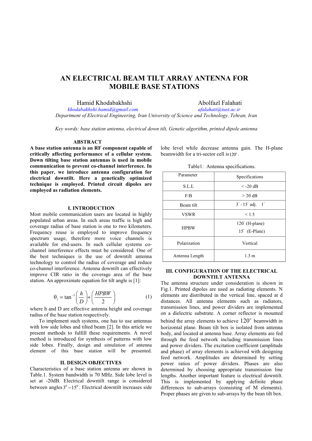 An Electrical Beam Tilt Array Antenna for Mobile Base Stations