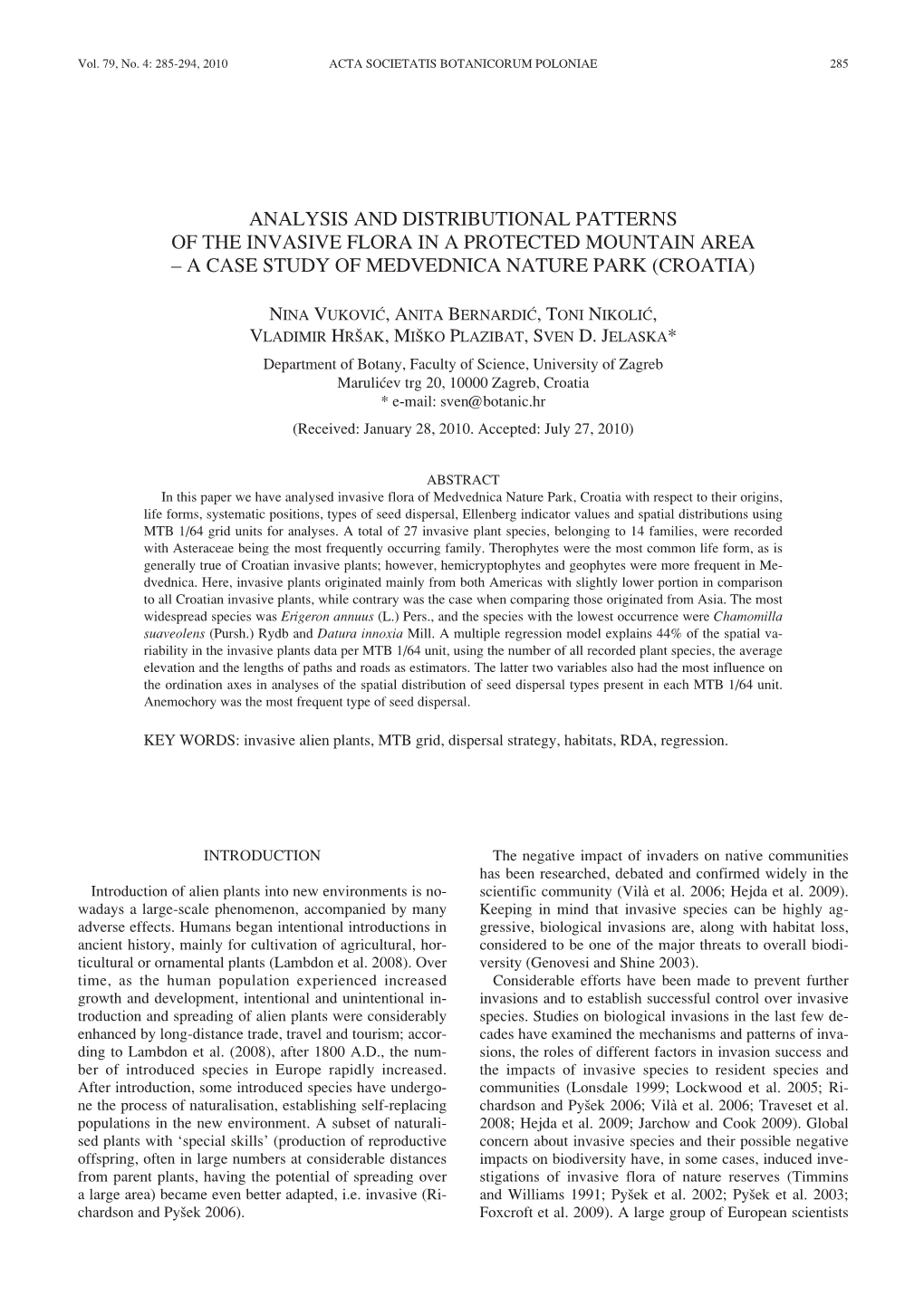 Analysis and Distributional Patterns of the Invasive Flora in a Protected Mountain Area  a Case Study of Medvednica Nature Park (Croatia)