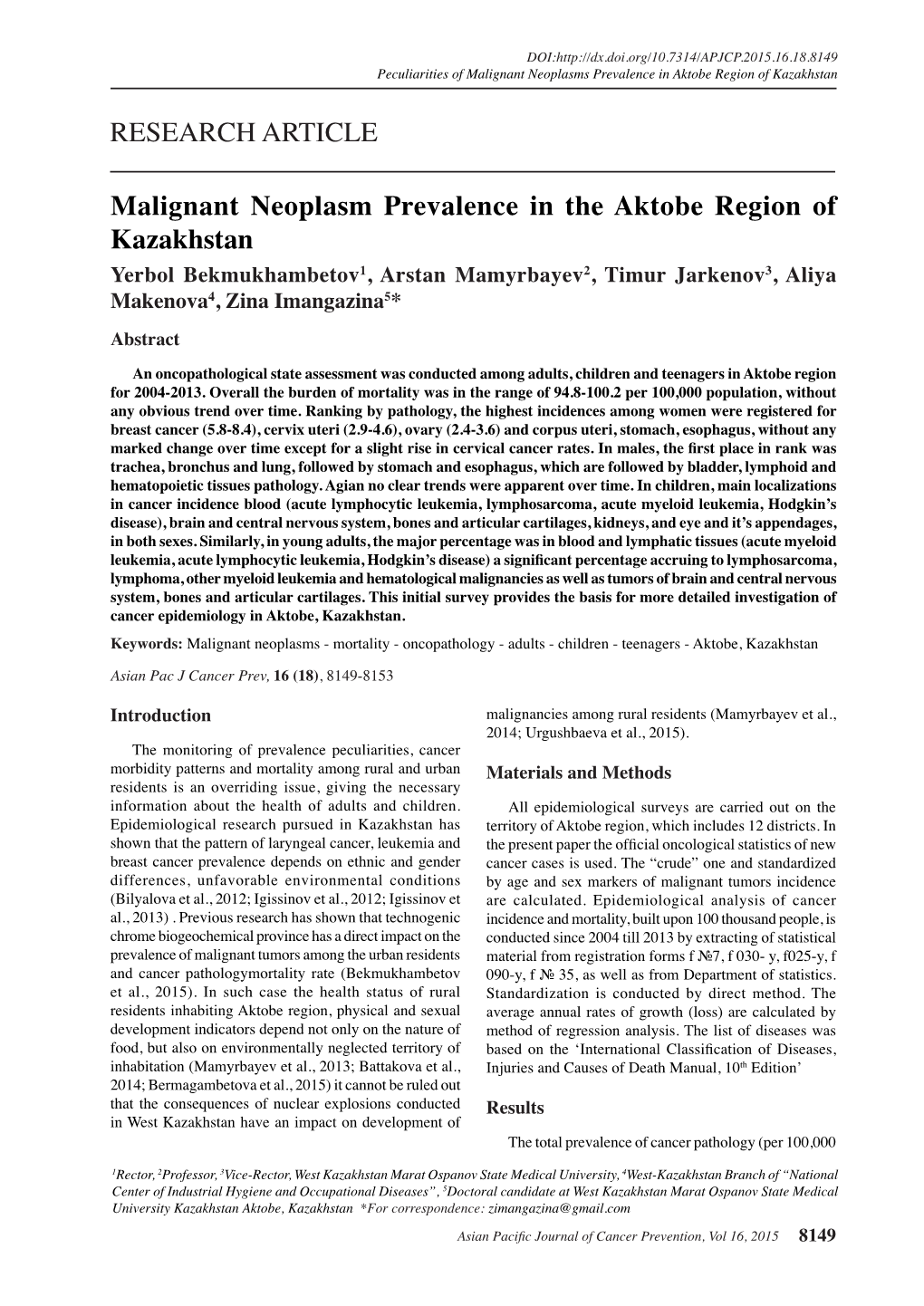 Malignant Neoplasm Prevalence in the Aktobe Region of Kazakhstan