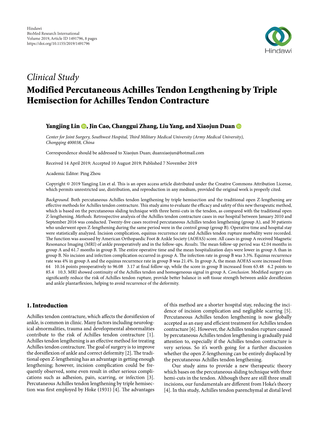 Modified Percutaneous Achilles Tendon Lengthening by Triple Hemisection for Achilles Tendon Contracture