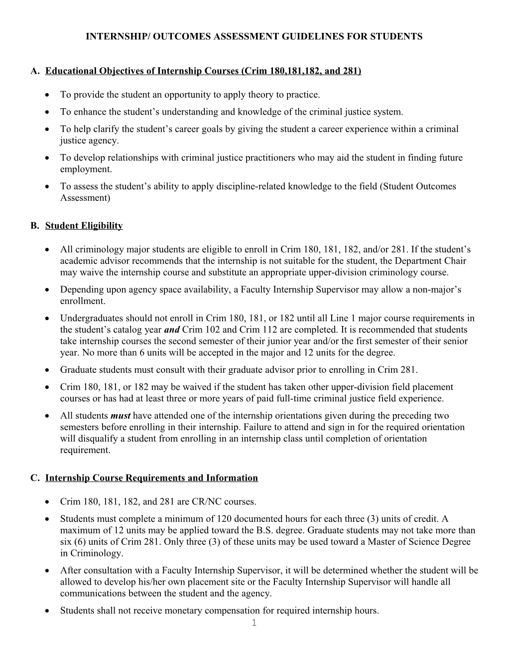 Internship/ Outcomes Assessment Guidelines for Students