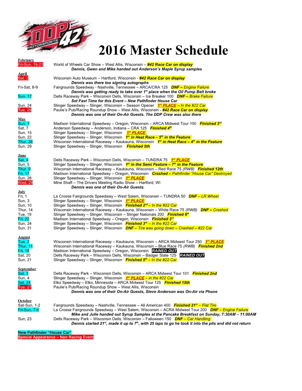 DDP's 2016 Race Schedule