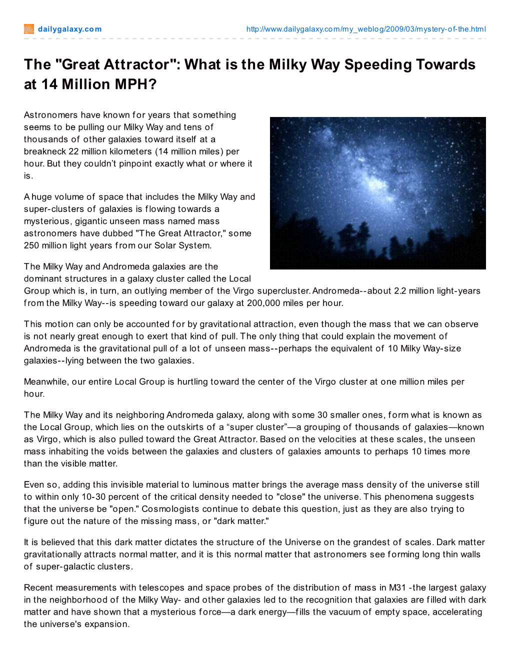 The "Great Attractor": What Is the Milky Way Speeding Towards at 14 Million MPH?