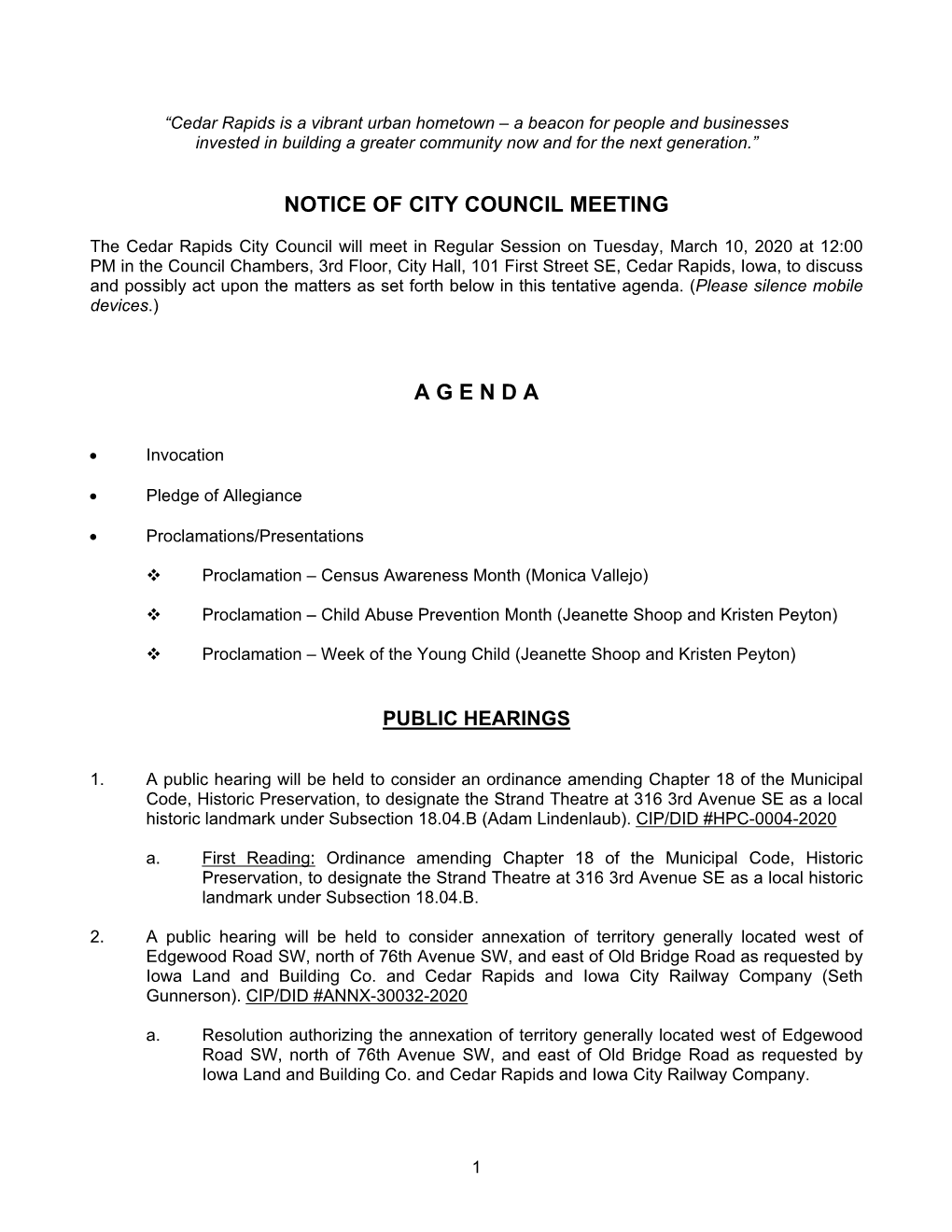 Notice of City Council Meeting a G E N