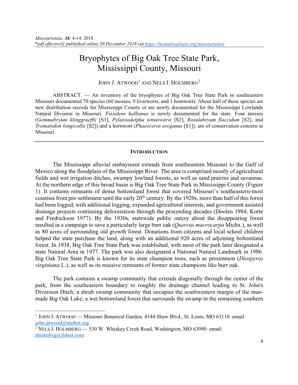 Bryophytes of Big Oak Tree State Park, Mississippi County, Missouri