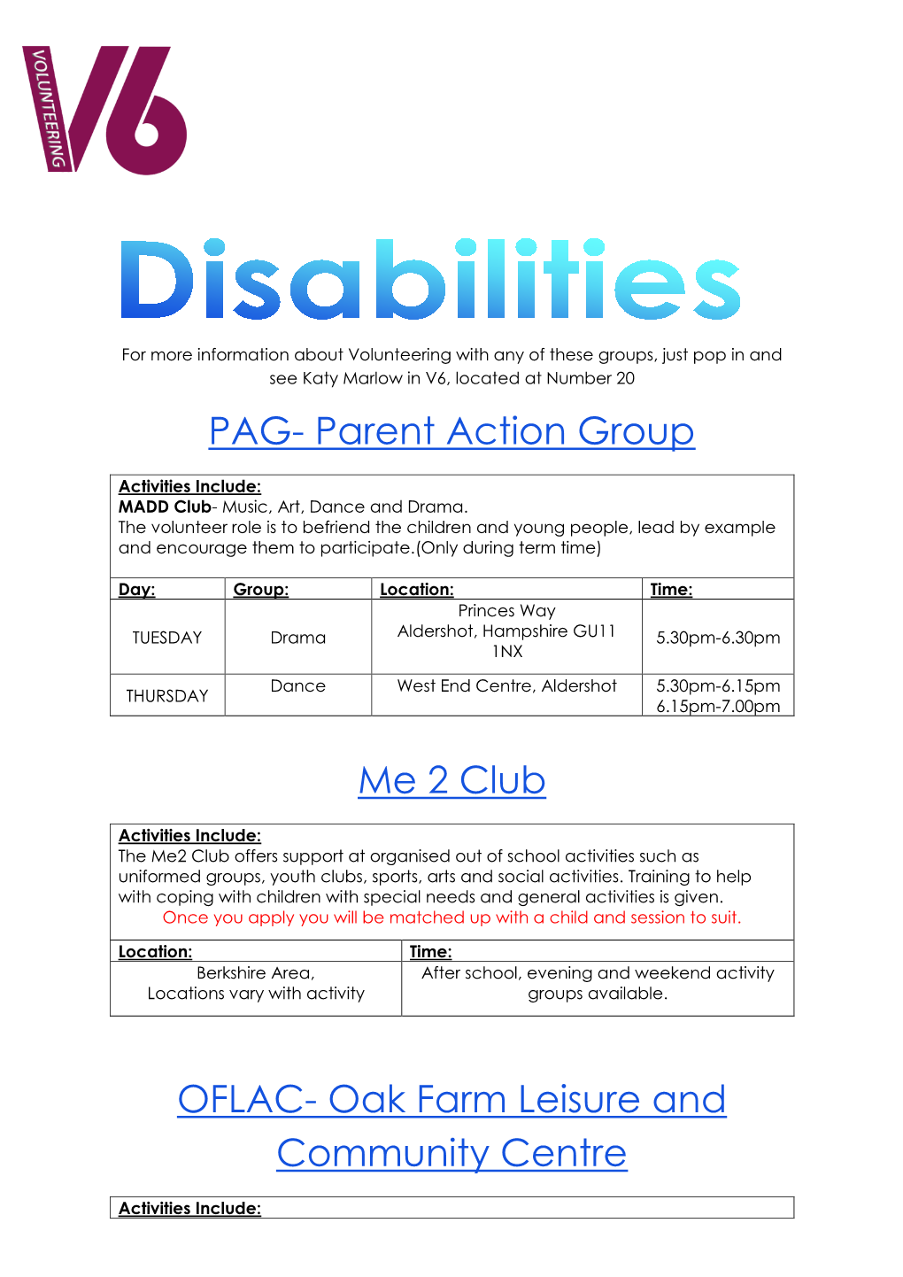 PAG- Parent Action Group Me 2 Club OFLAC- Oak Farm Leisure And