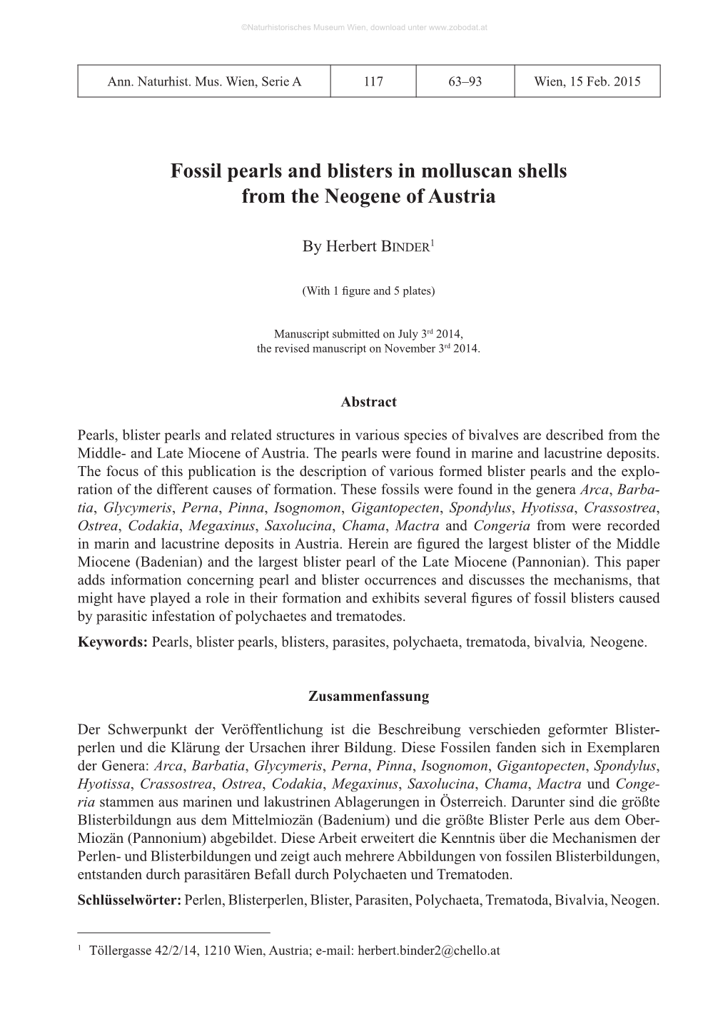 Fossil Pearls and Blisters in Molluscan Shells from the Neogene of Austria